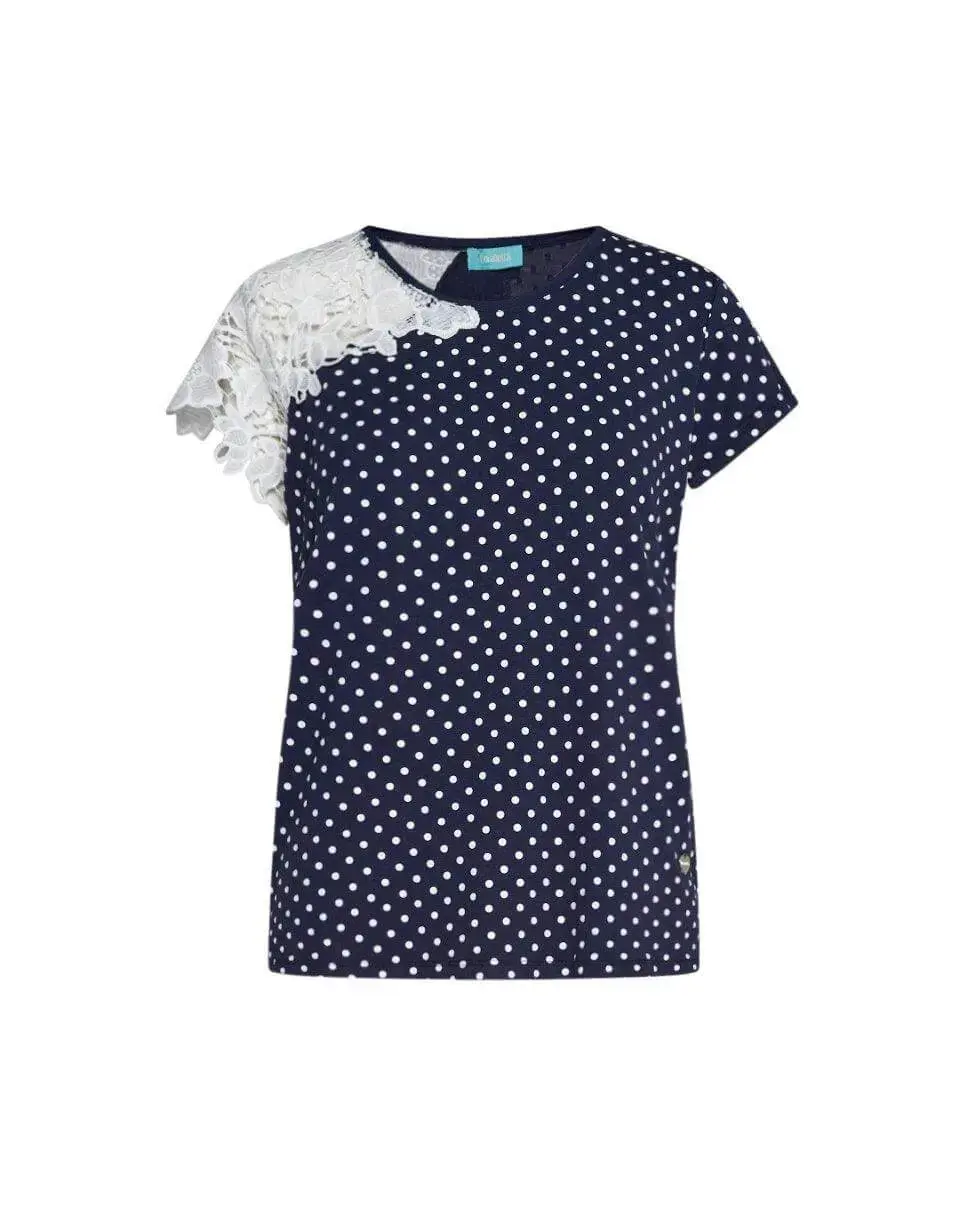 T-shirt in jersey di viscosa stampa pois con inserto in pizzo macramé BLU