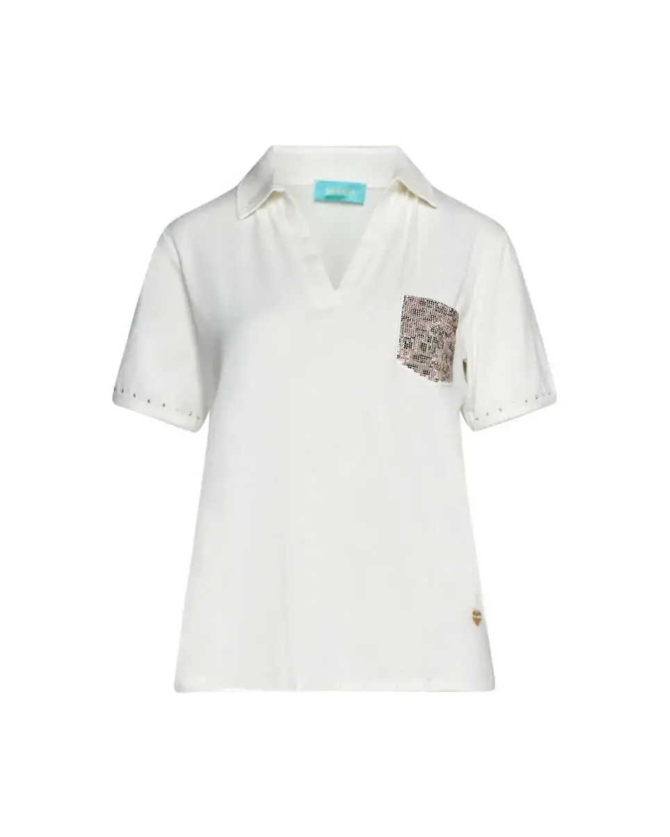Polo in jersey di viscosa elasticizzata con taschino con borchie fantasia animalier BIANCO