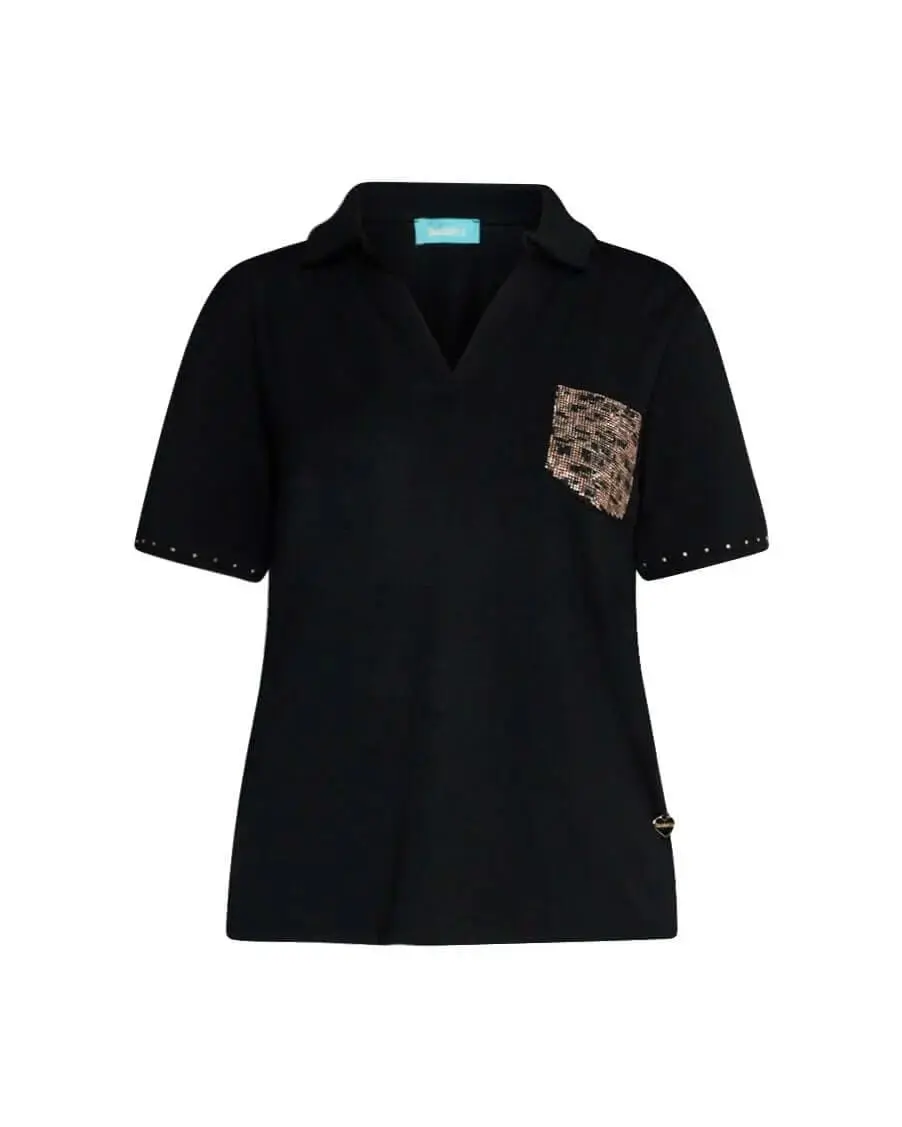 Polo in jersey di viscosa elasticizzata con taschino con borchie fantasia animalier BLACK