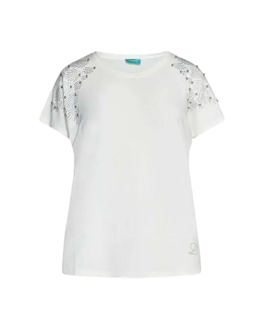 T-shirt kimono in jersey di viscosa elasticizzata con strass sulle spalle BIANCO