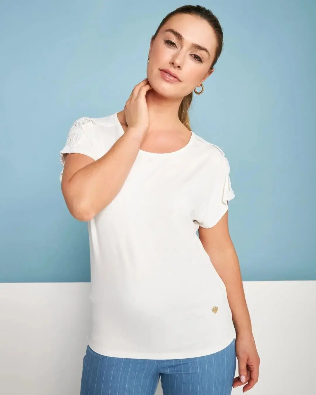 T-shirt kimono in jersey di viscosa elasticizzata con pizzo sulle spalle BIANCO - Image 2