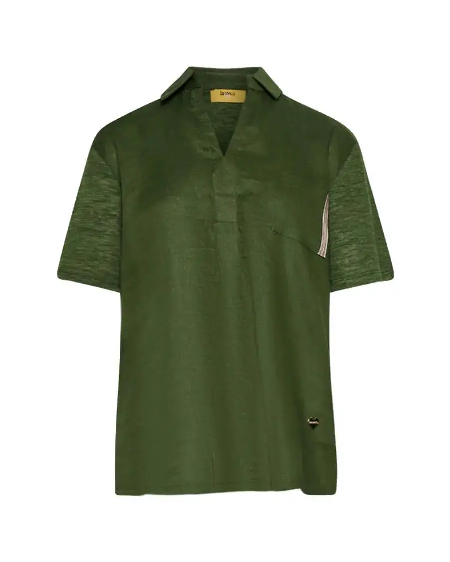 Polo combinata in lino e jersey melange con applicazione di micro catene sul tashino MILITARE