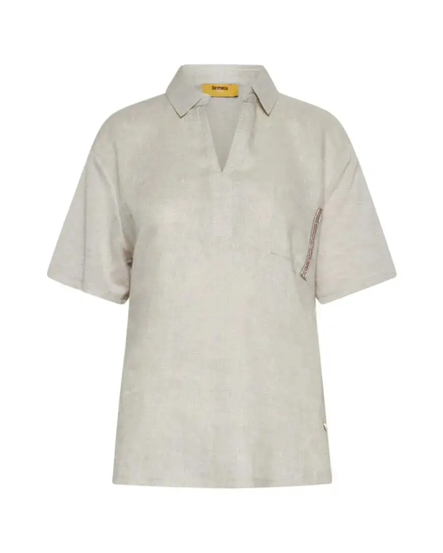 Polo combinata in lino e jersey melange con applicazione di micro catene sul tashino NATURALE