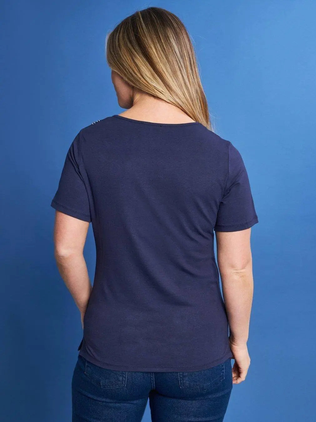 T-shirt mezza manica in jersey di viscosa elasticizzata con ricami lurex BLU - Image 4
