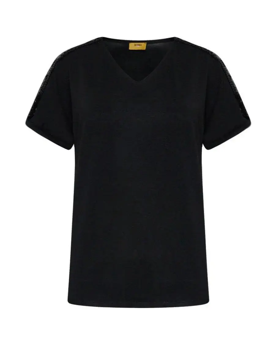 T-shirt kimono in jersey di viscosa elasticizzata con paillettes sulle spalle BLACK