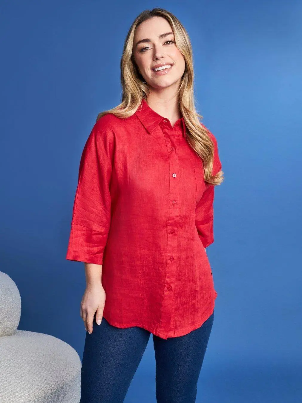 Camicia in lino tinta unita con retro in jersey RED - Image 3