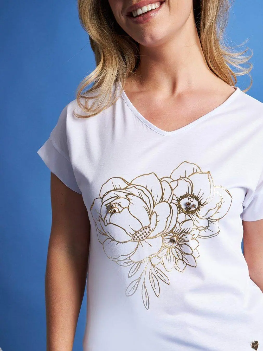T-shirt scollo a V in jersey di cotone e viscosa con stampa in lamina e cristalli BIANCO - Image 4