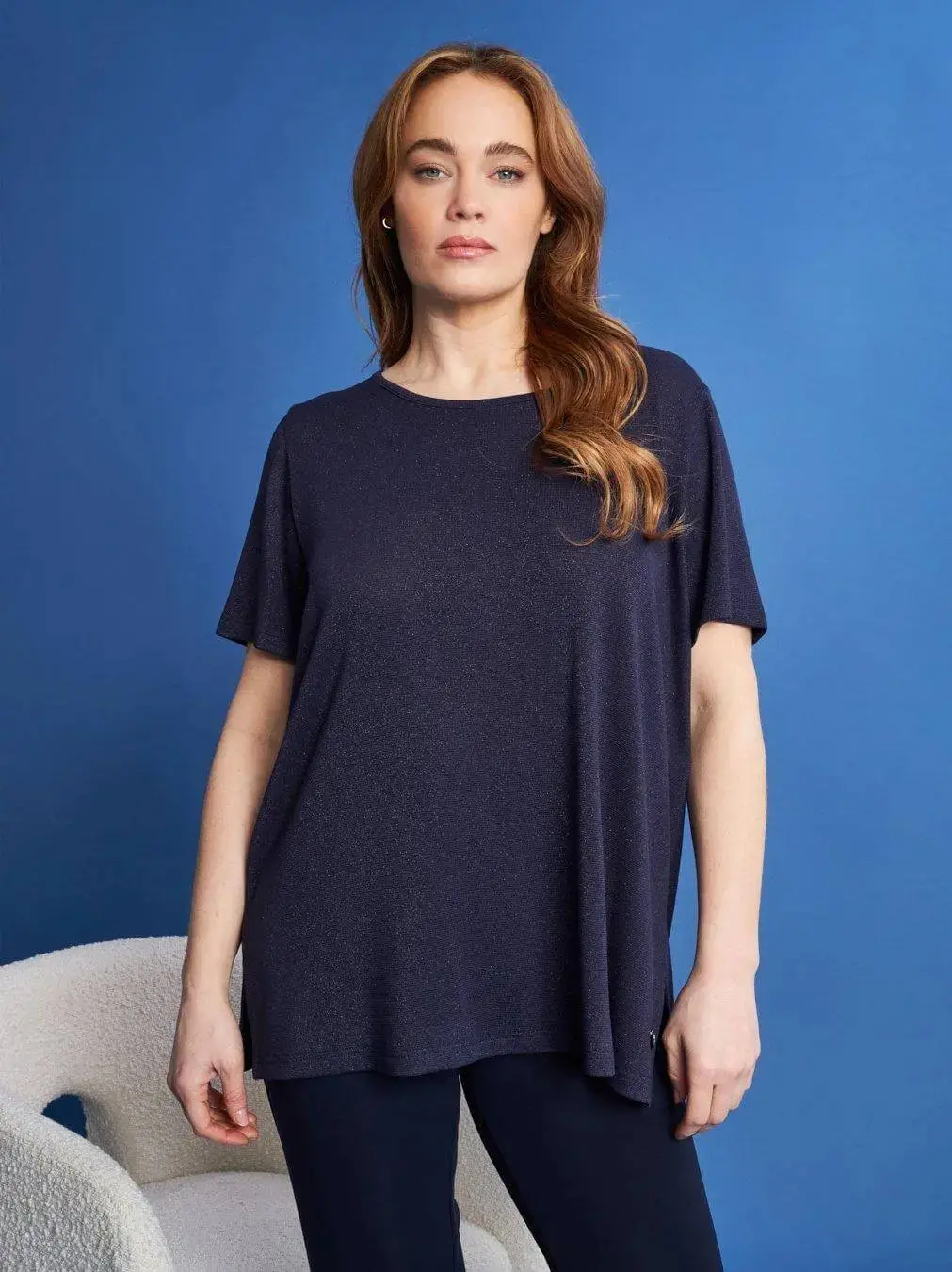 Maglia girocollo a maniche corte in filato lurex di viscosa elasticizzata BLU - Image 2