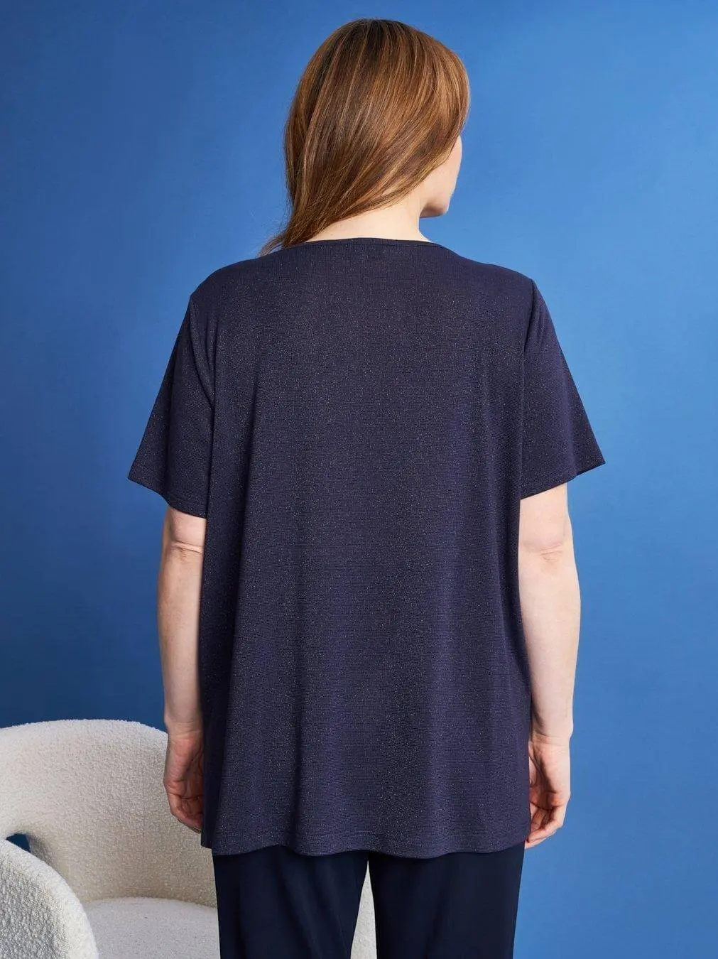 Maglia girocollo a maniche corte in filato lurex di viscosa elasticizzata BLU - Image 3