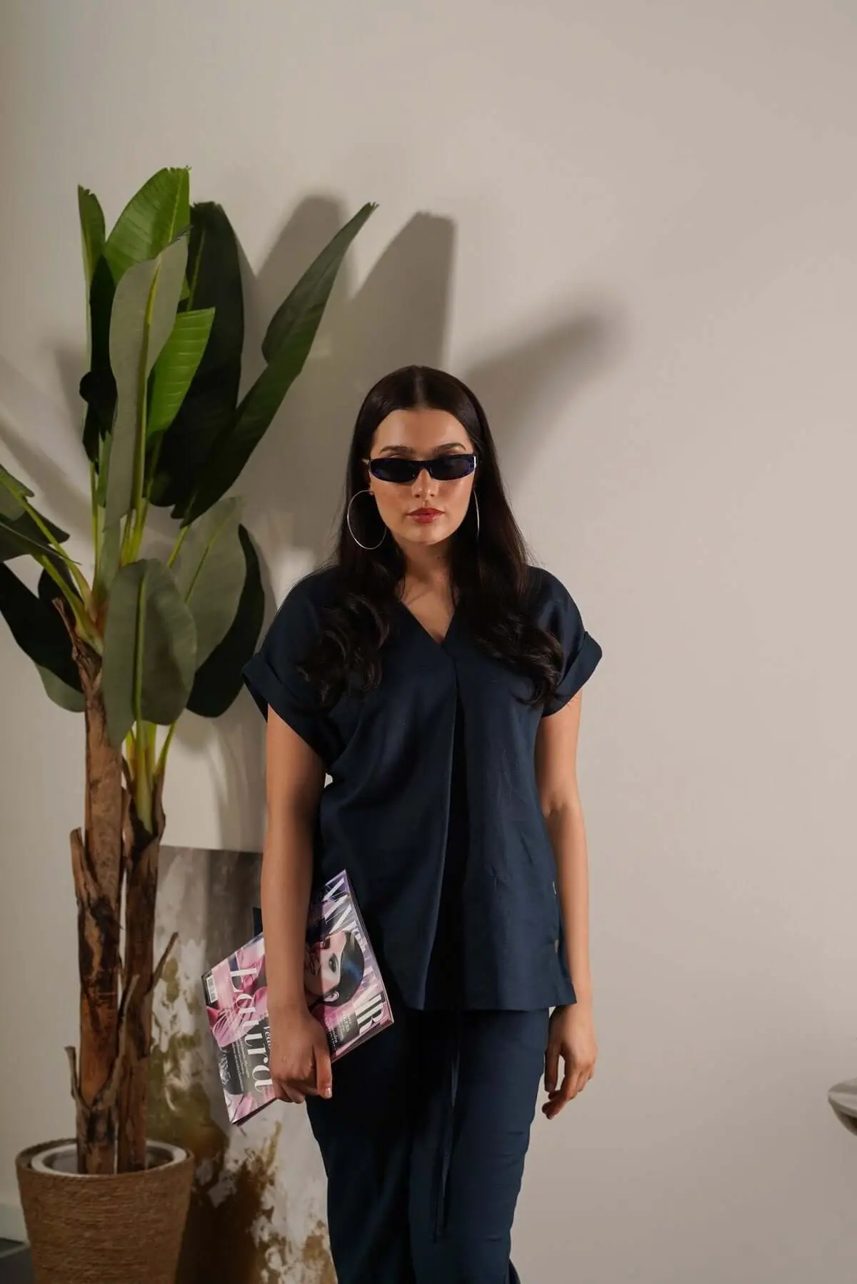 Blusa in misto lino tinta unita con bottoni e baciapiega BLU