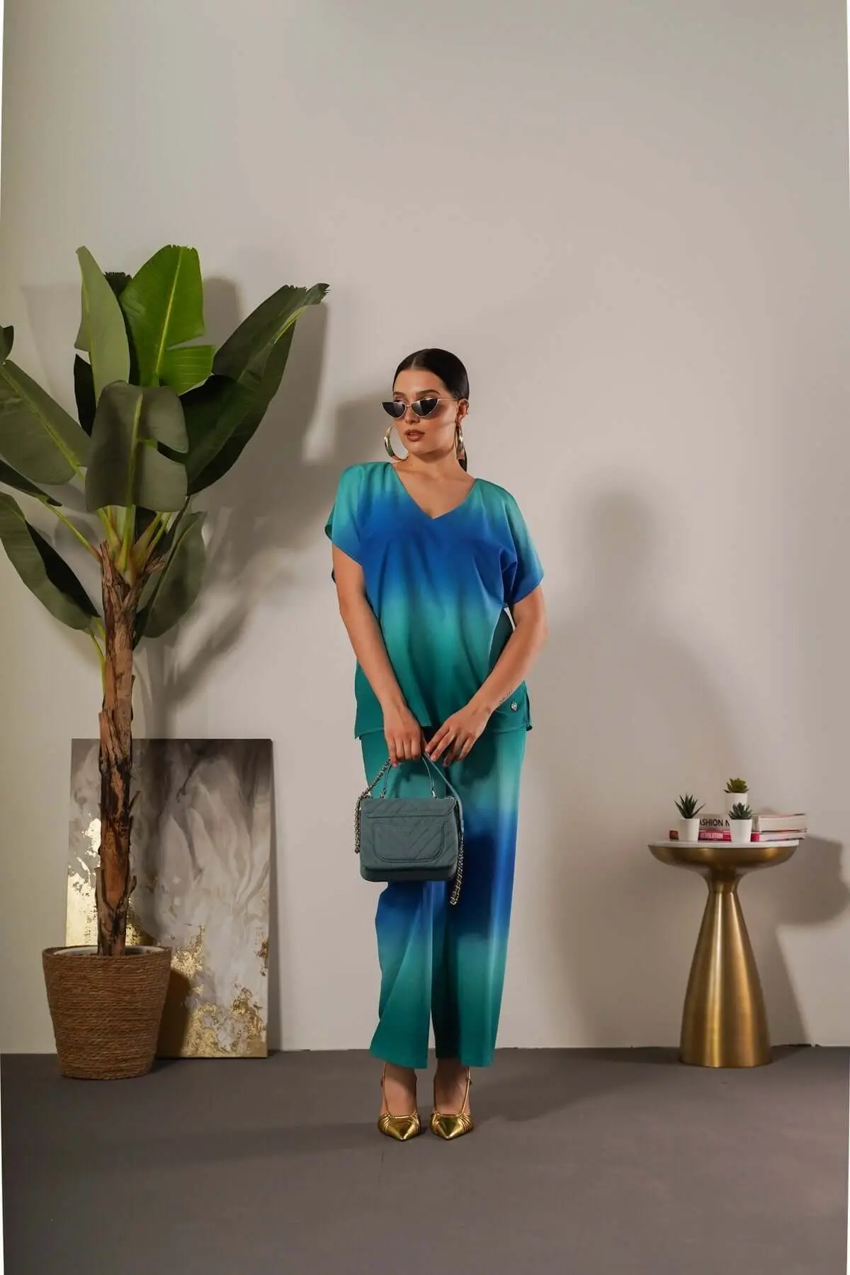 Completo effetto degradé con blusa e pantalone AZZURRO - Image 3