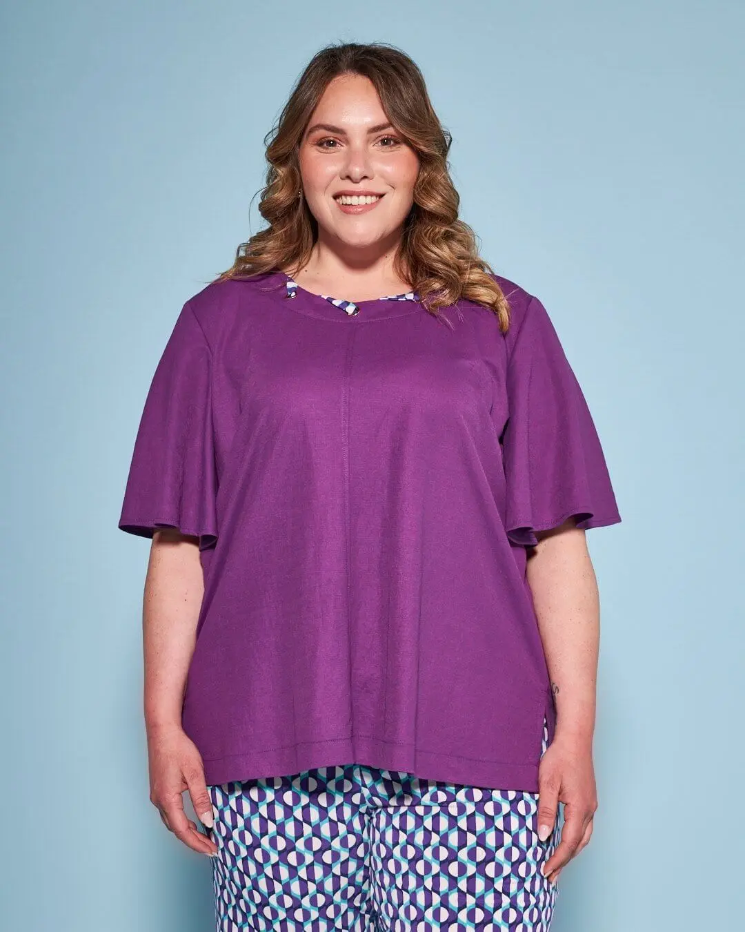 Maglia in tinta unita con occhielli con tessuto intrecciato VIOLA