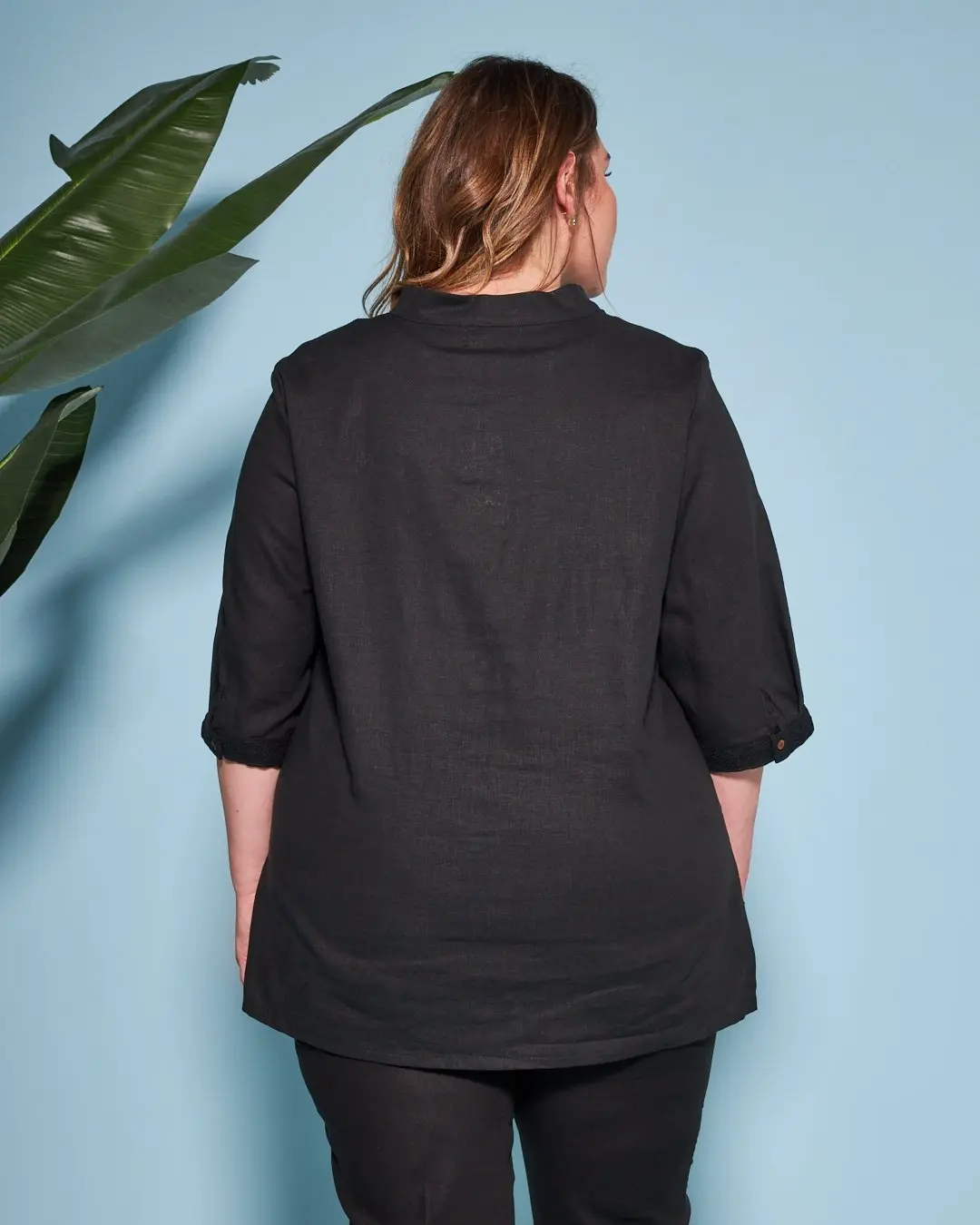 Blusa coreana in misto lino/viscosa con passamaneria NERO - Image 4