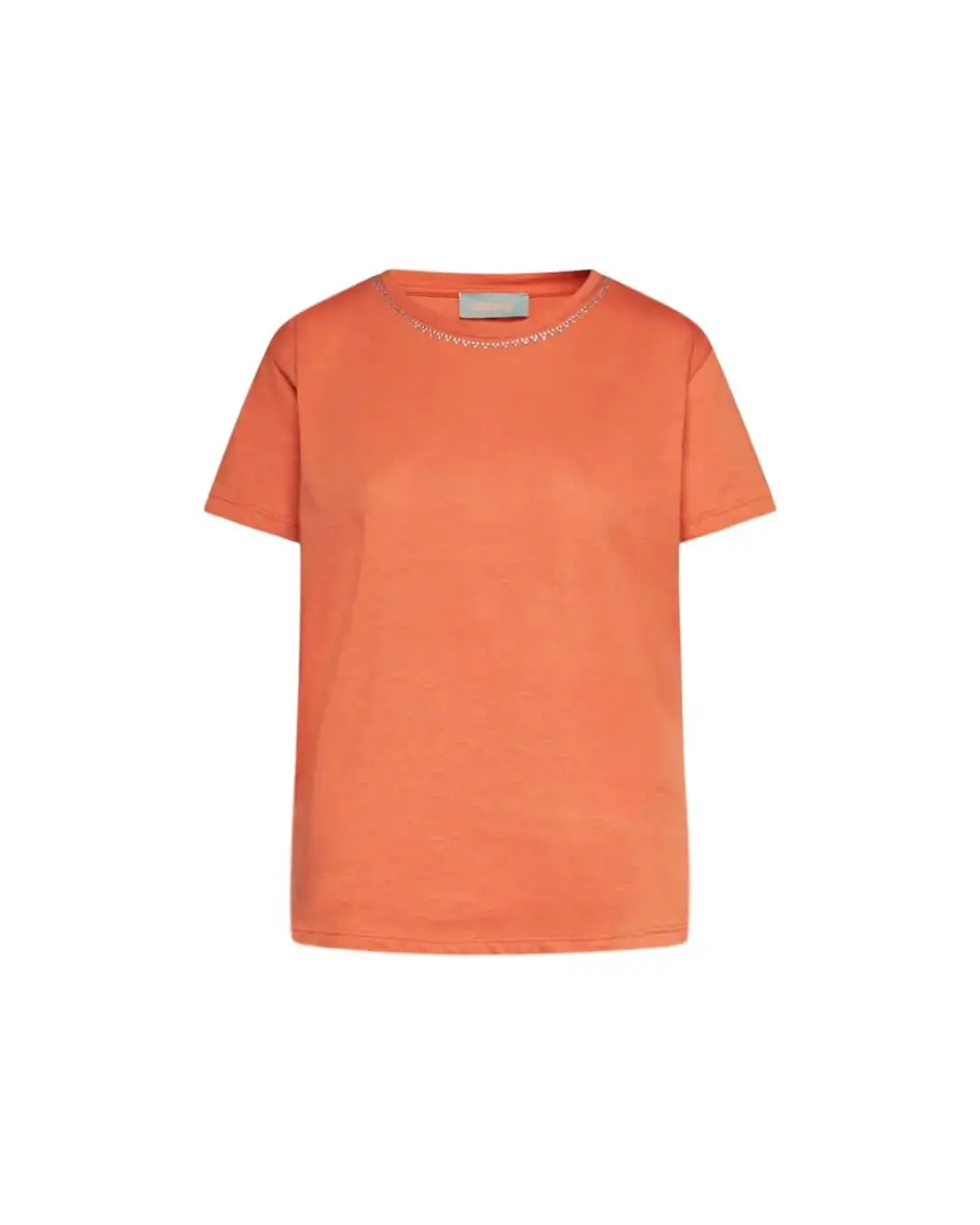 Maglia a maniche corte in filato di cotone tinta unita con decorazioni di strass sullo scollo. SALMONE