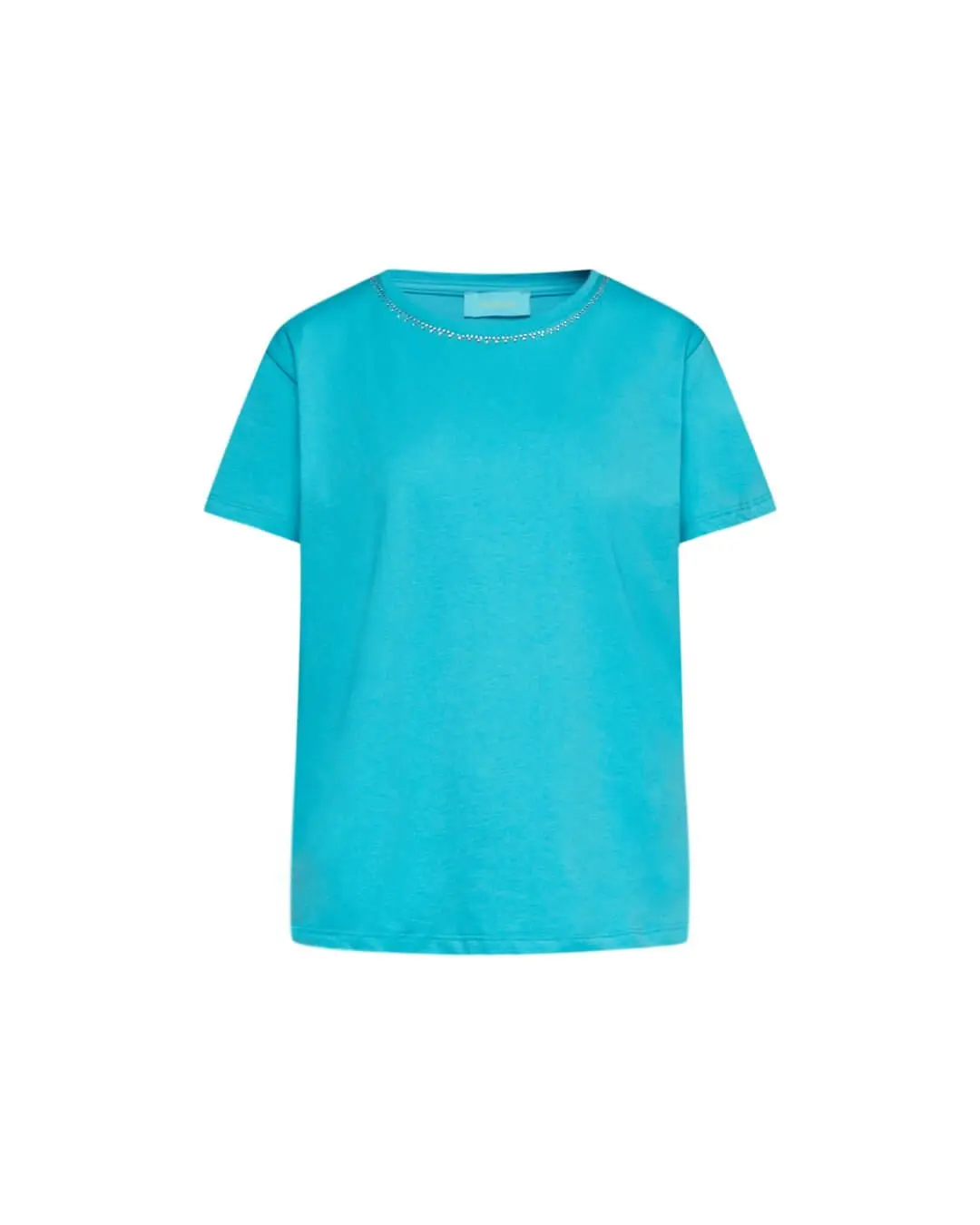 Maglia a maniche corte in filato di cotone tinta unita con decorazioni di strass sullo scollo. TURCHESE - Image 2