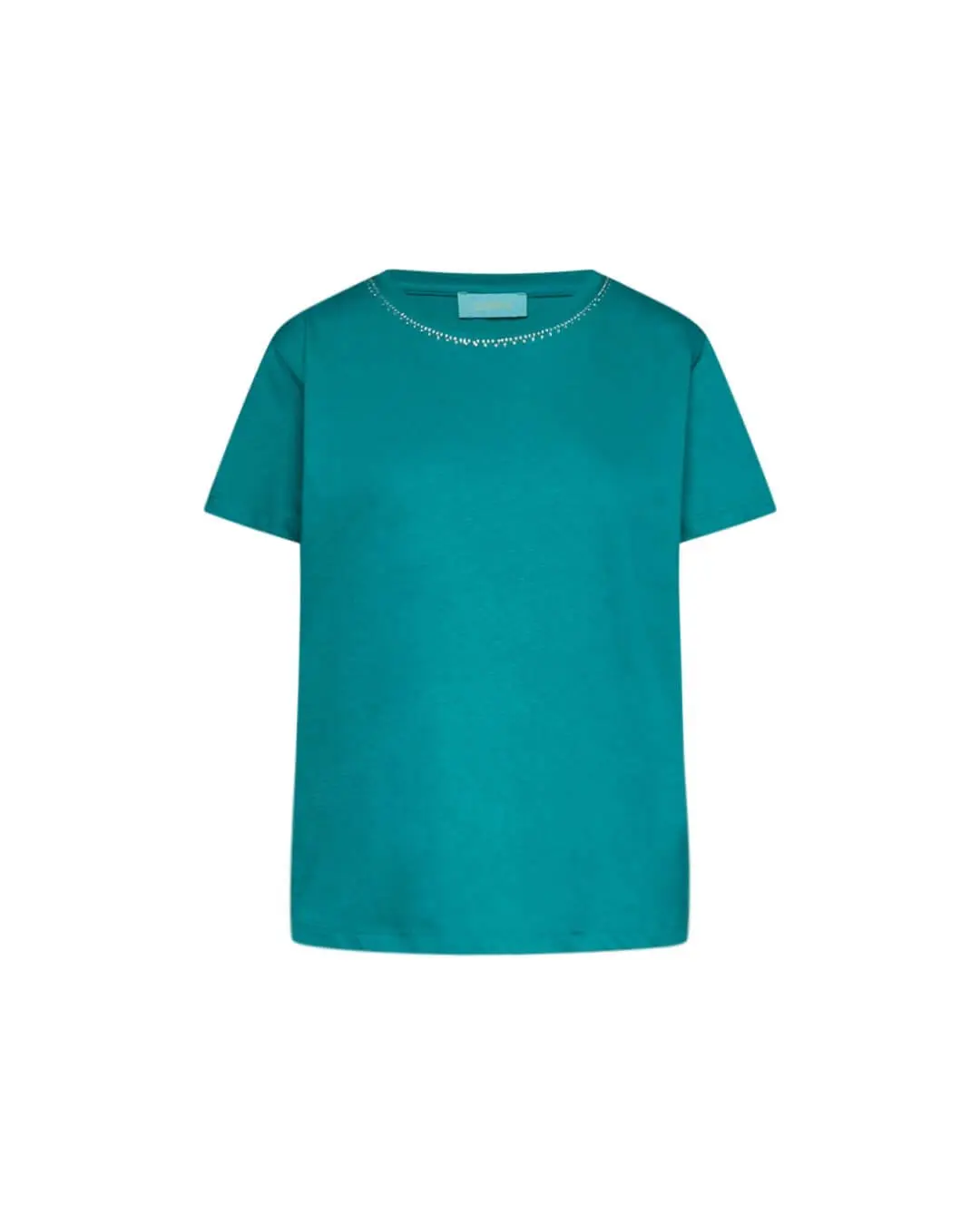 Maglia a maniche corte in filato di cotone tinta unita con decorazioni di strass sullo scollo. VERDE BANDIERA - Image 2