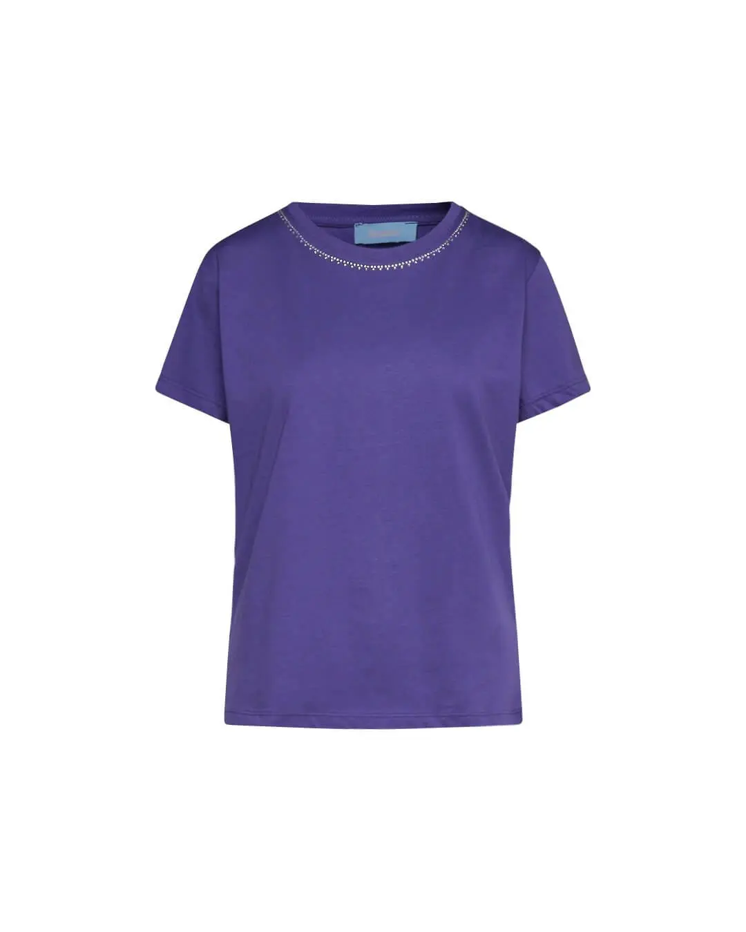 Maglia a maniche corte in filato di cotone tinta unita con decorazioni di strass sullo scollo