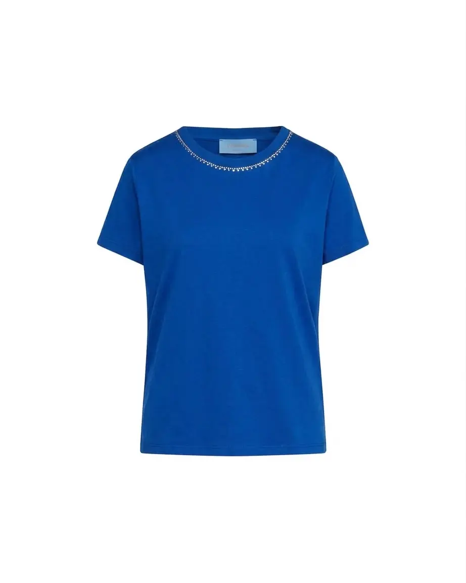 Maglia a maniche corte in filato di cotone tinta unita con decorazioni di strass sullo scollo - Image 3