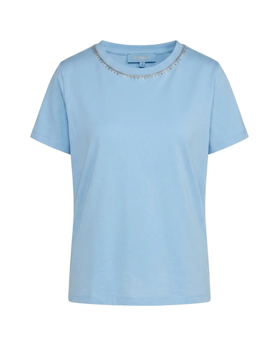 Maglia a maniche corte in filato di cotone tinta unita con decorazioni di strass sullo scollo - Image 4