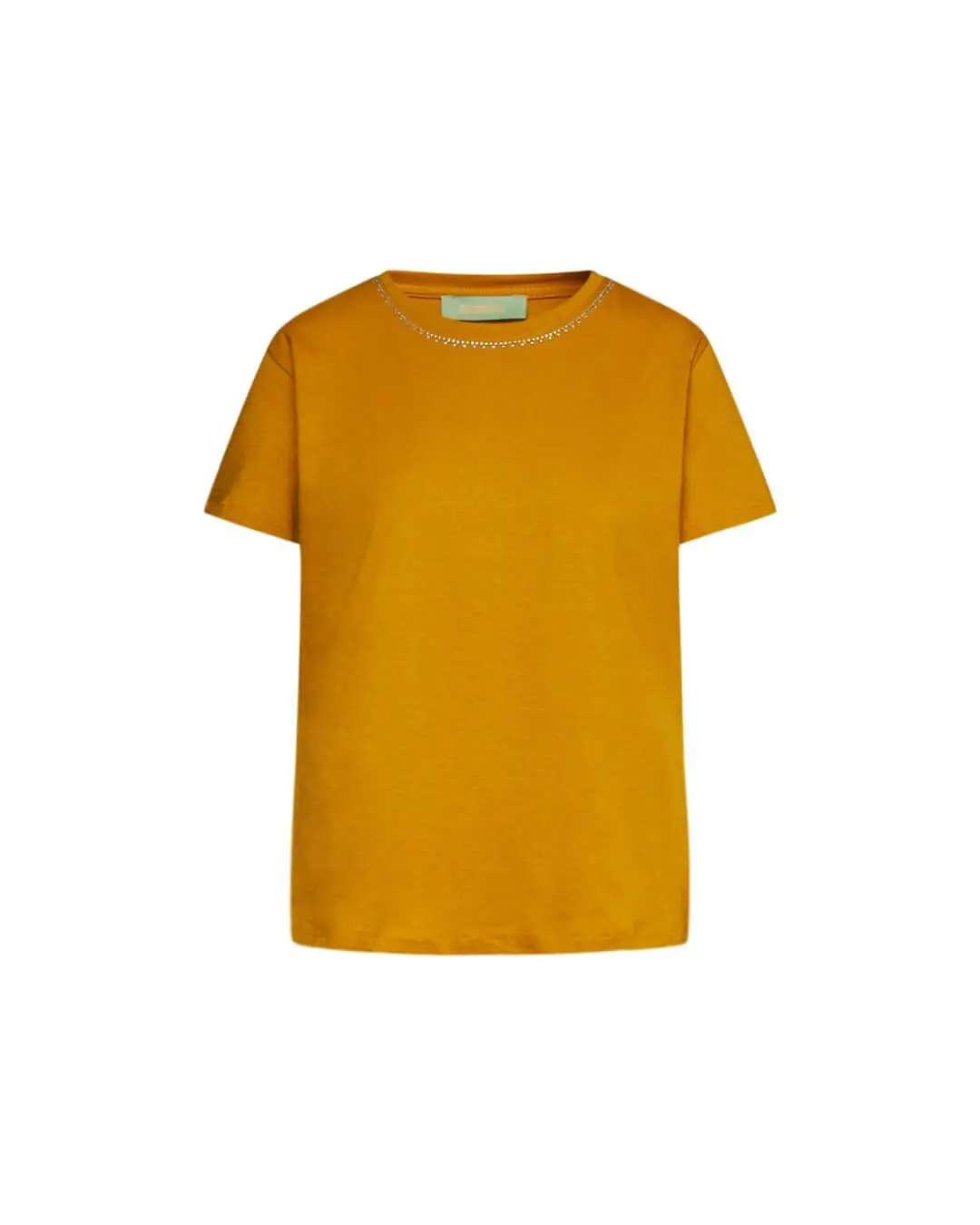 Maglia a maniche corte in filato di cotone tinta unita con decorazioni di strass sullo scollo. SENAPE - Image 2