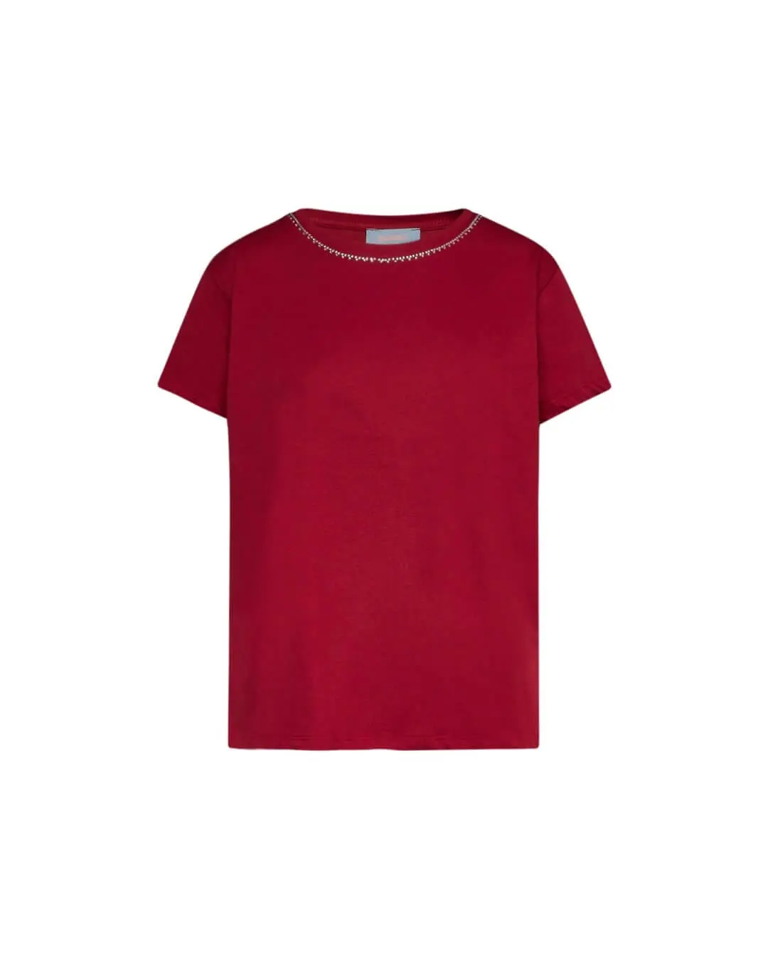 Maglia a maniche corte in filato di cotone tinta unita con decorazioni di strass sullo scollo. BORDEAUX - Image 2