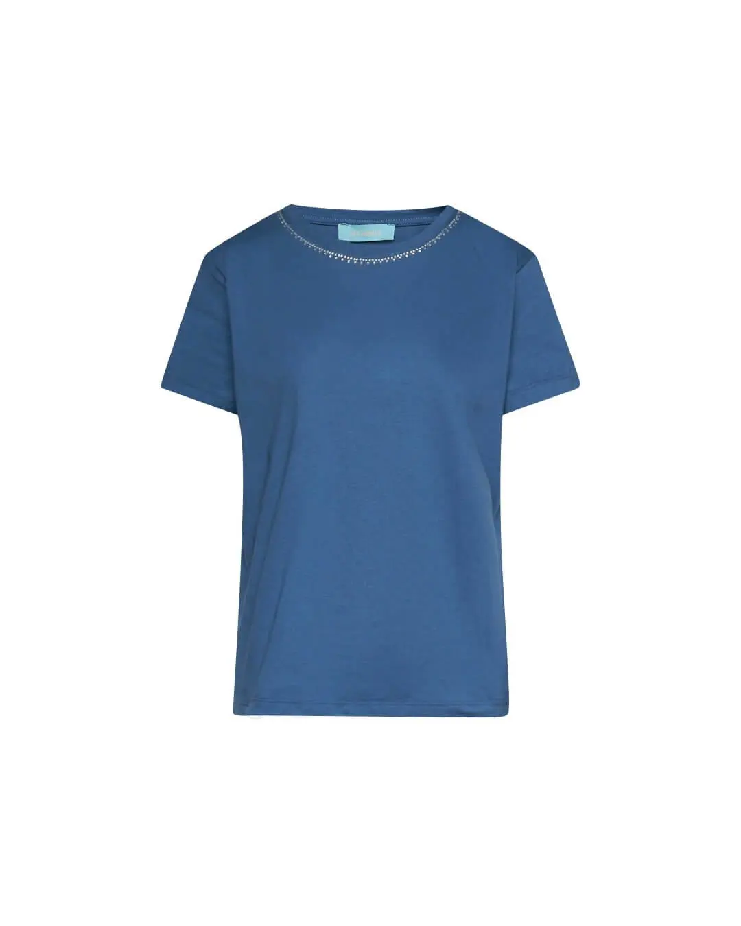 Maglia a maniche corte in filato di cotone tinta unita con decorazioni di strass sullo scollo. POLVERE - Image 2