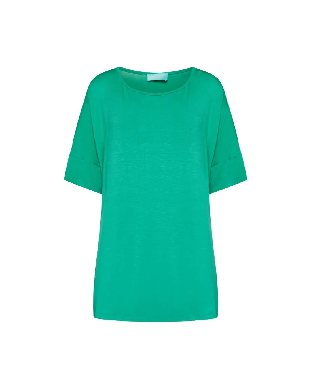 Maglia in filato di viscosa elasticizzata tinta unita con scollo rotondo e maniche kimono. VERDE BANDIERA - Image 2