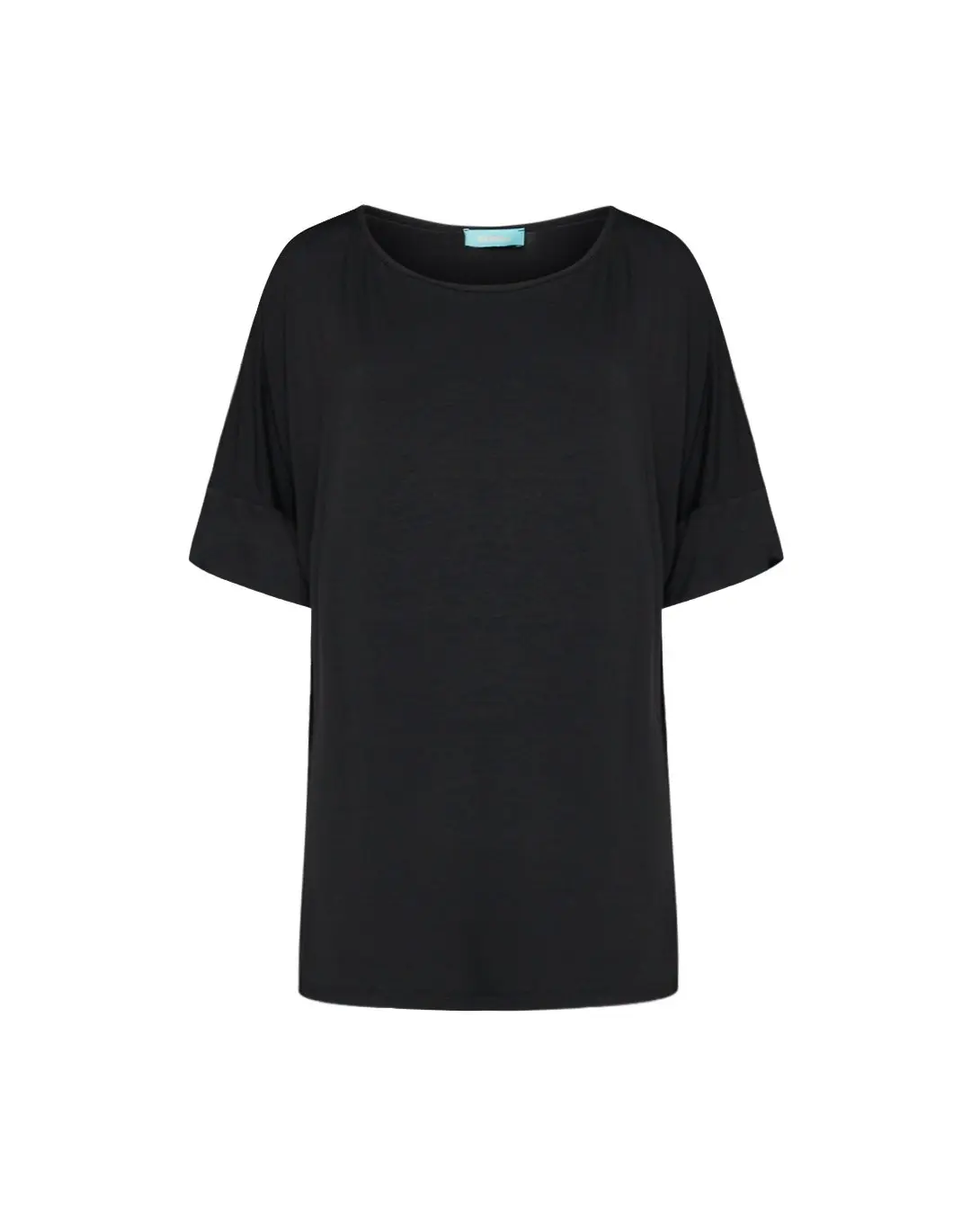 Maglia in filato di viscosa elasticizzata tinta unita con scollo rotondo e maniche kimono. NERO
