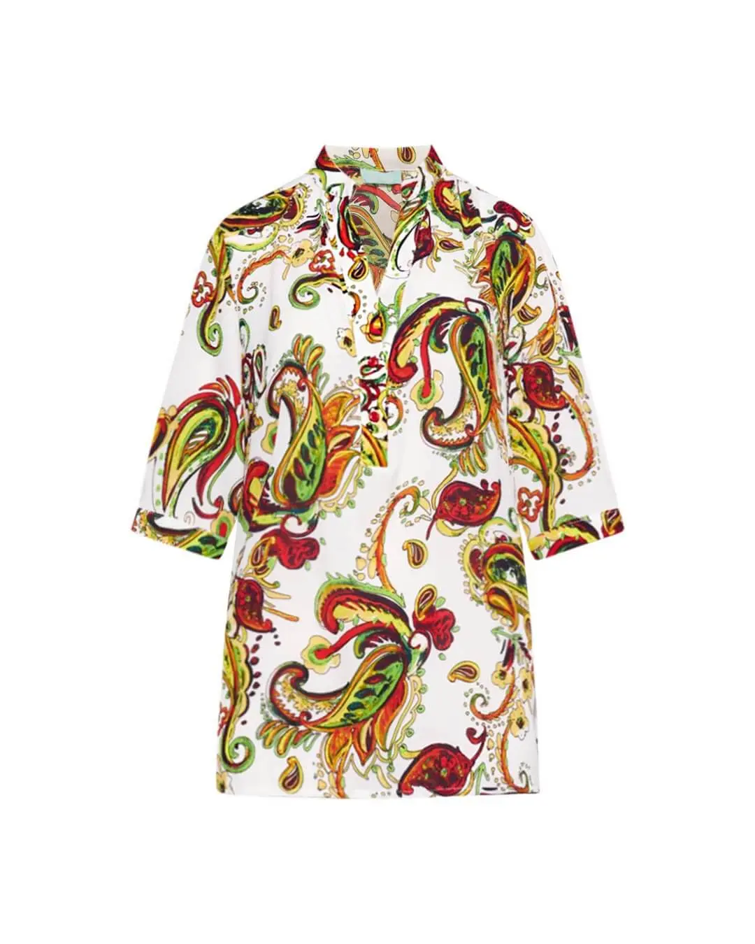 Blusa stile kaftano in georgette elasticizzato fantasia cashmere con scollo a V e spacchi laterali. ROSSO