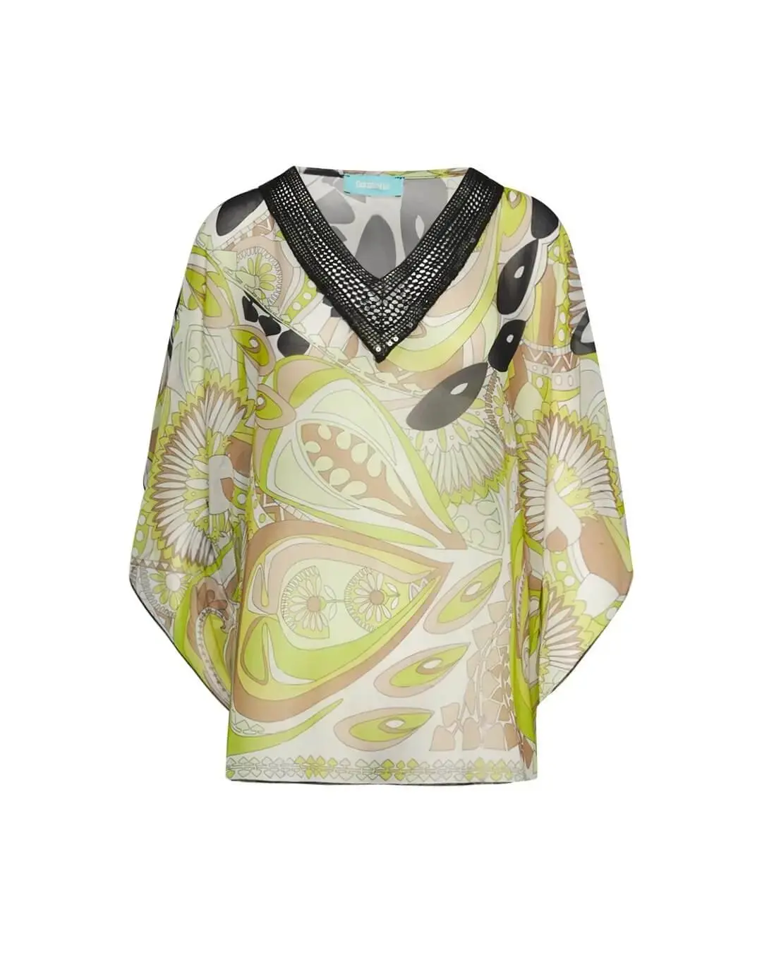 Casacca in georgette con fantasia multicolore e scollo a V in pizzo crochet con paillettes. GIALLO
