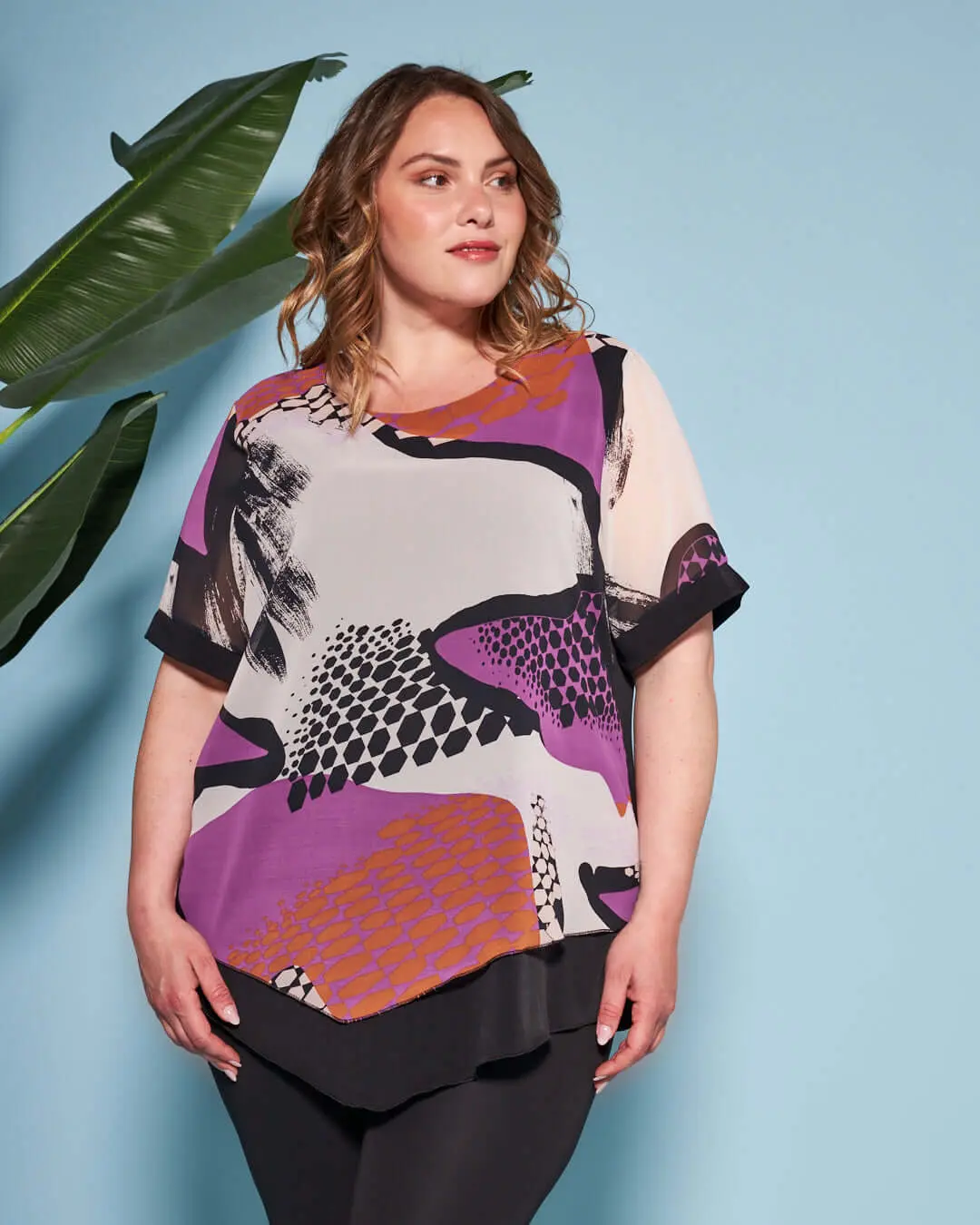 Casacca combinata in georgette con fantasia multicolore e jersey elasticizzato tinta unita. LILLA - Image 5