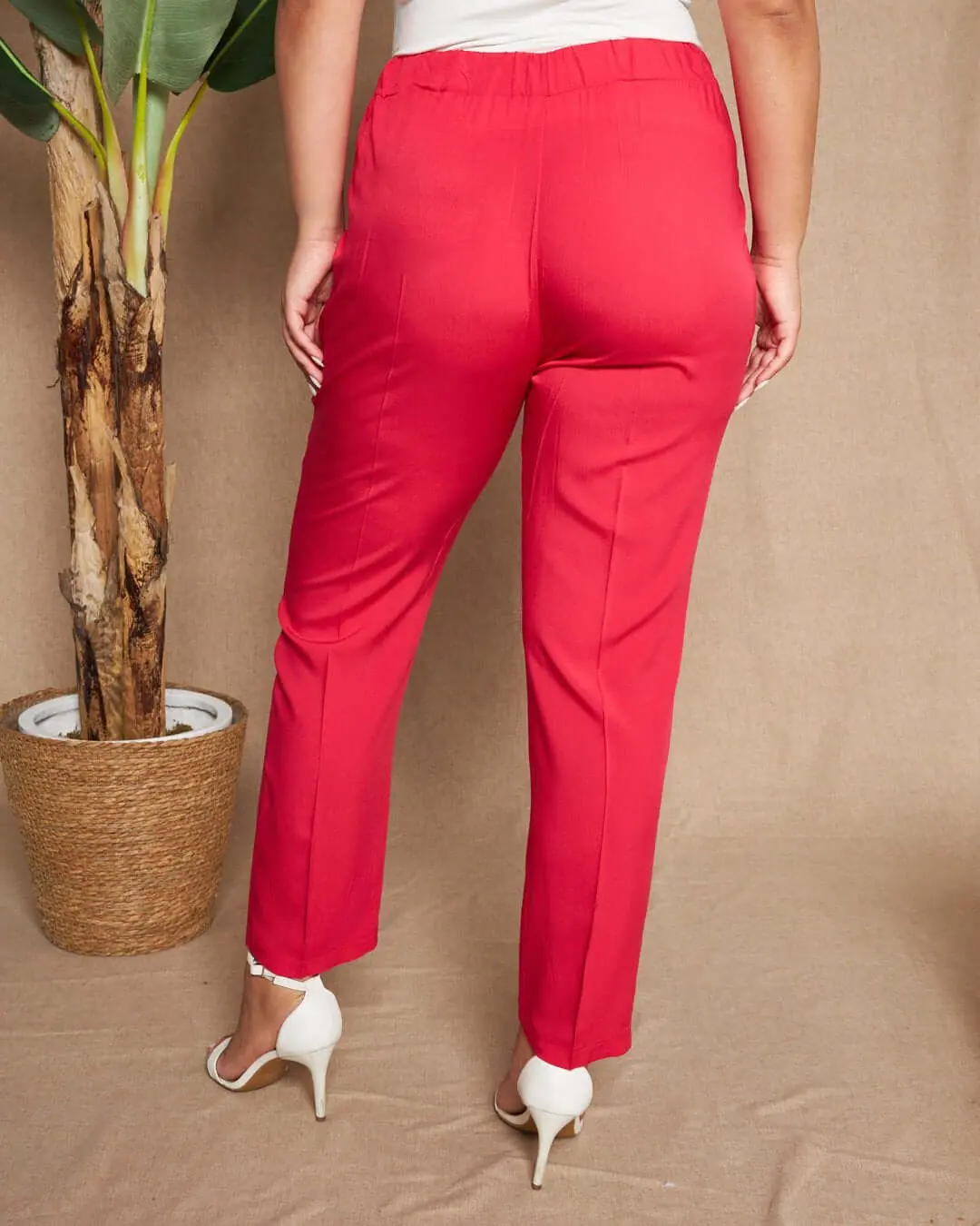 Pantalone a gamba dritta in twill di viscosa tinta unita con coulisse in vita. FRAGOLA - Image 5