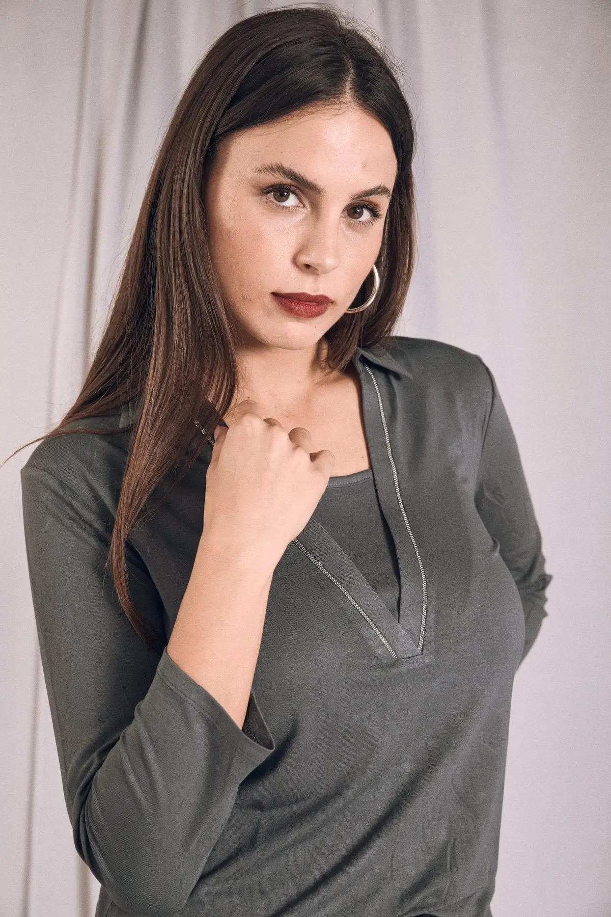 Maglia polo viscosa elasticizzata con lurex PIOMBO - Image 2