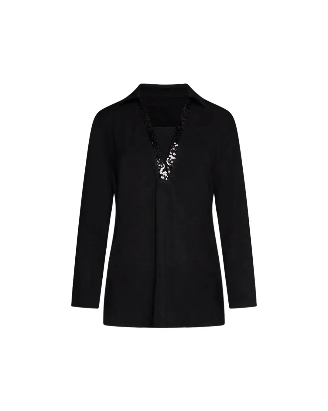 Maglia a maniche lunghe con scollo a V con inserto in paillettes tono su tono NERO