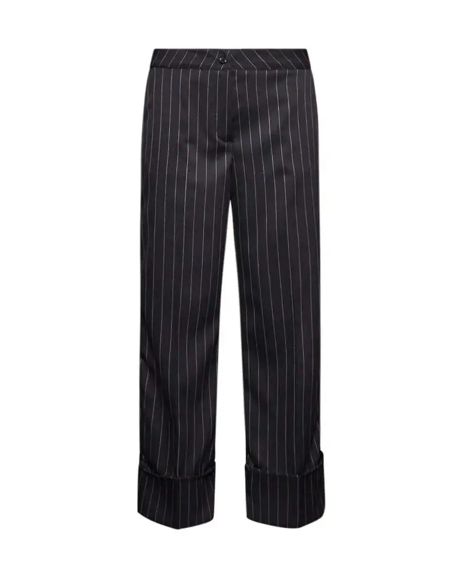 Pantalone gessato a gamba dritta in tela elasticizzata tinta unita con maxi risvolto al fondo. NERO
