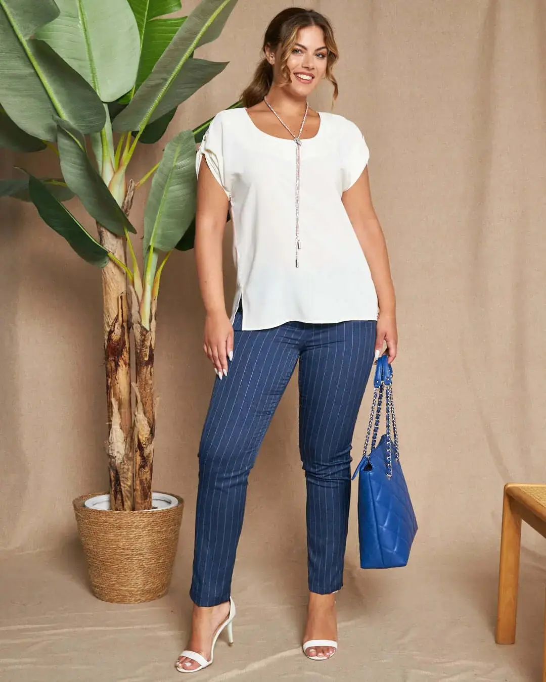 Pantalone skinny in chambray gessato con tasche america e logo D metallico. BLU - Image 2