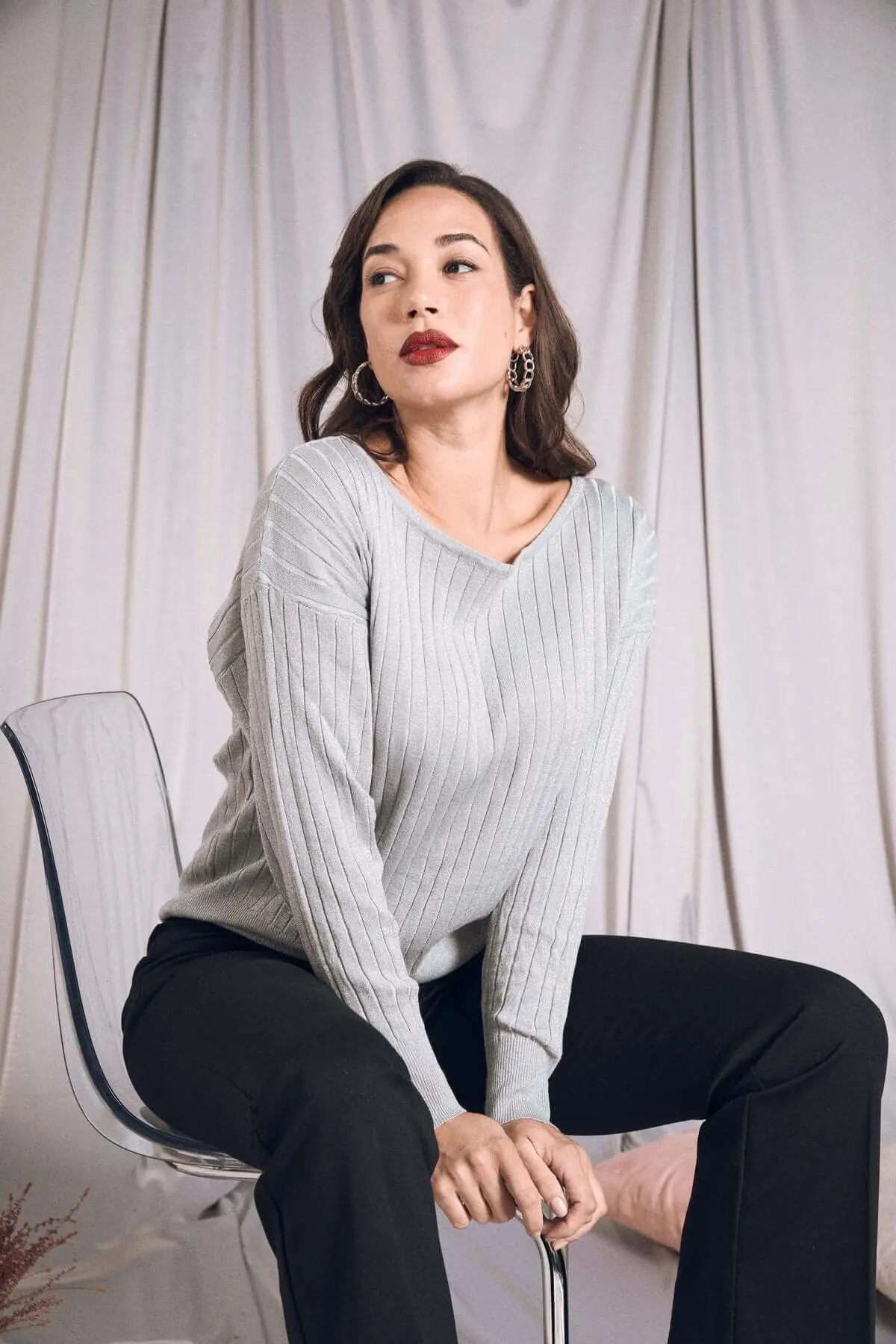 Maglia con scollo a barca a coste lurex PERLA - Image 3