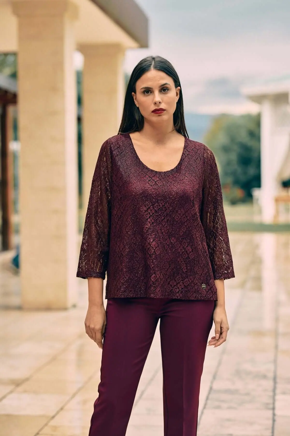 Blusa in pizzo macramè laminato BURGUNDY
