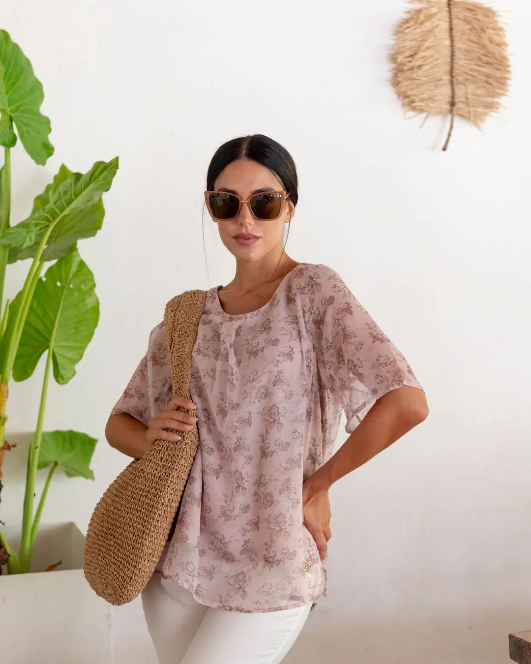Blusa fantasia geometrica girocollo con arriccio ROSA ANTICO