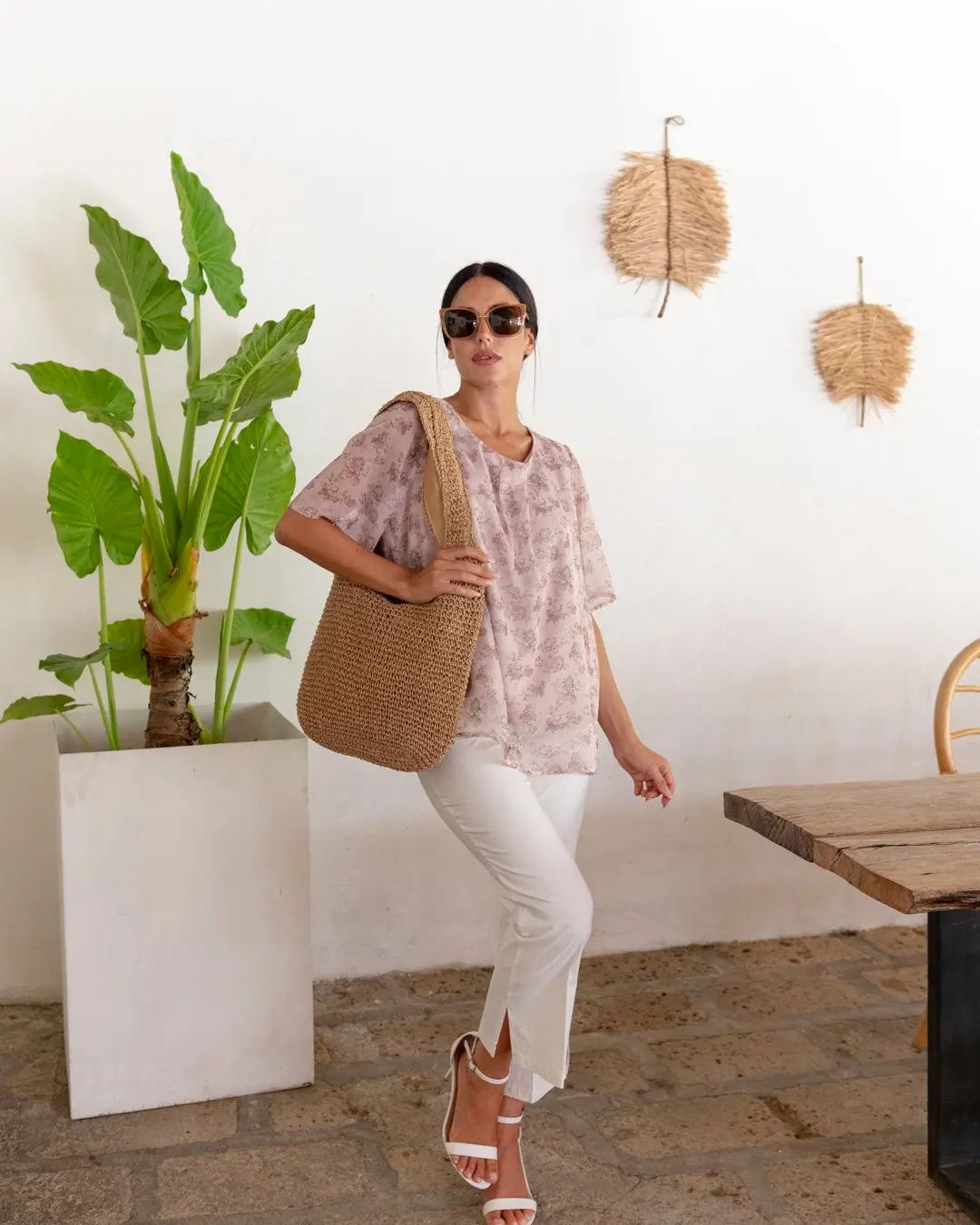 Blusa fantasia geometrica girocollo con arriccio ROSA ANTICO - Image 2
