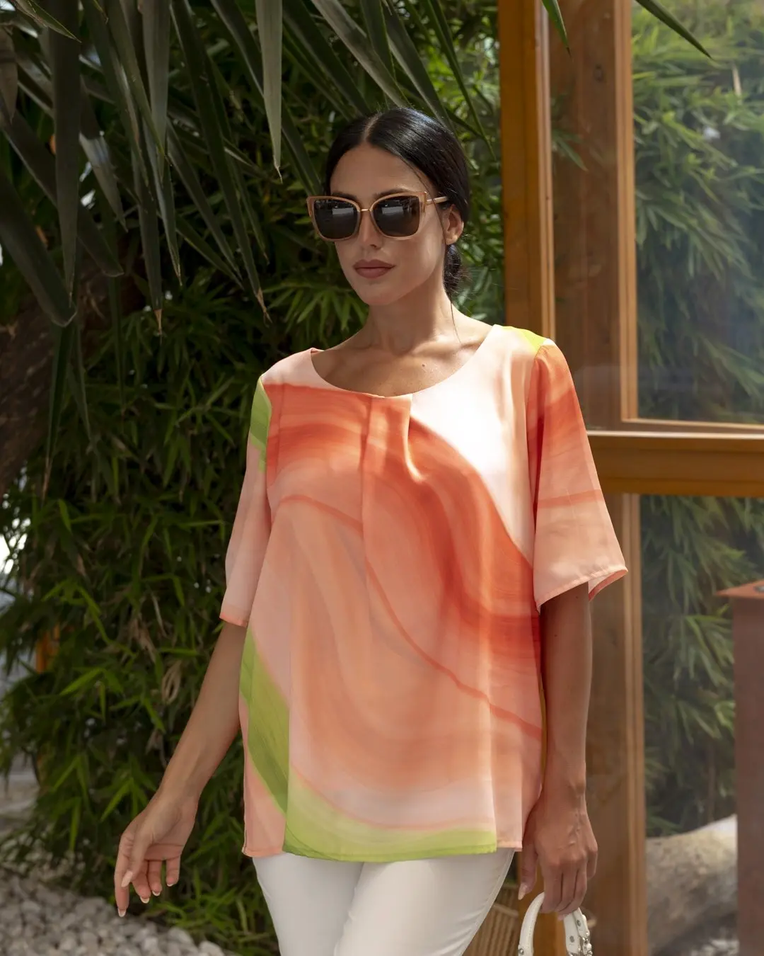 Blusa fantasia geometrica girocollo con arriccio PESCA