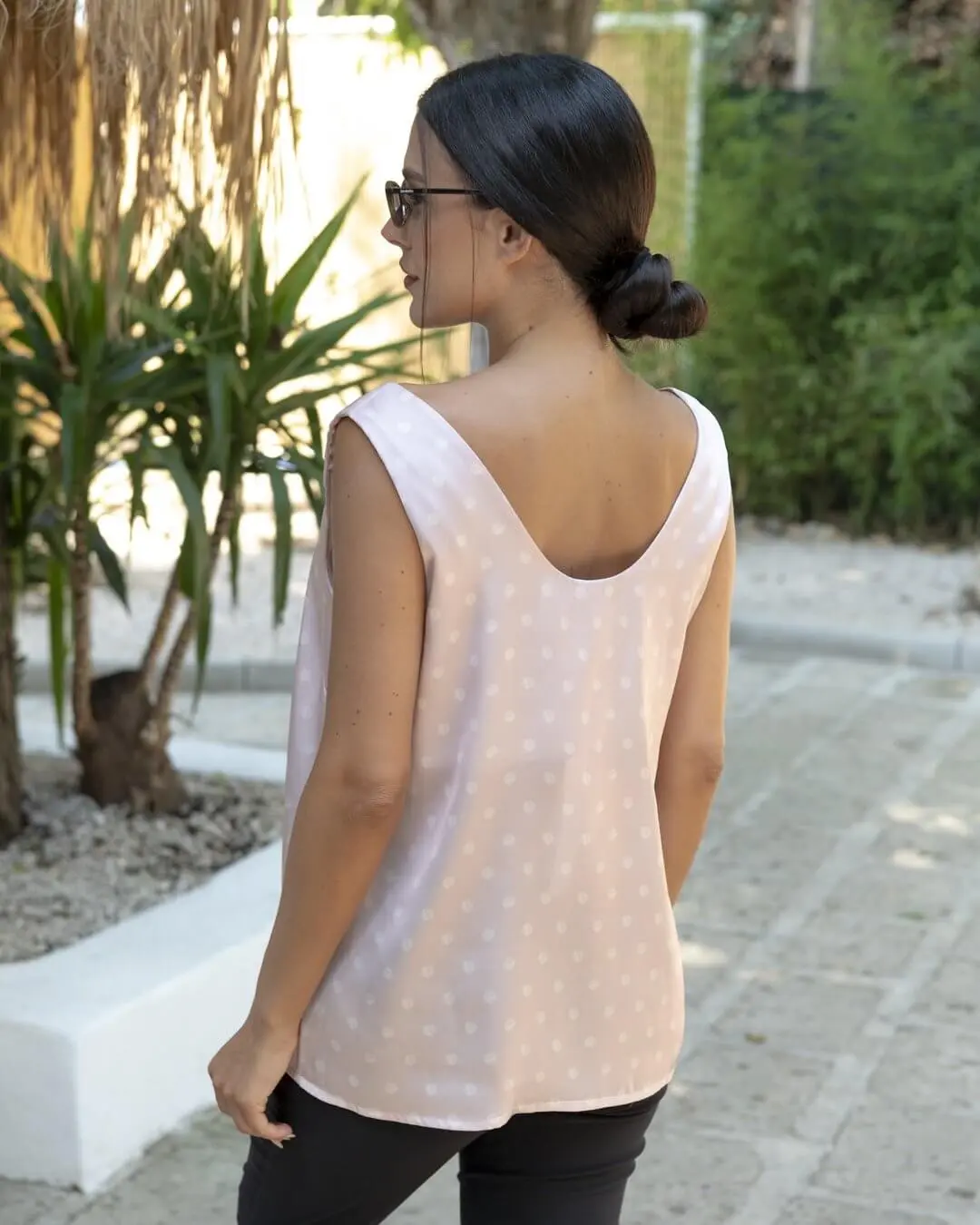 Top smanicato a righe con scollo a V ROSA ANTICO - Image 4