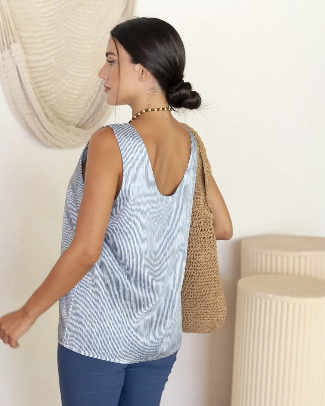 Top smanicato a righe con scollo a V BLU - Image 2