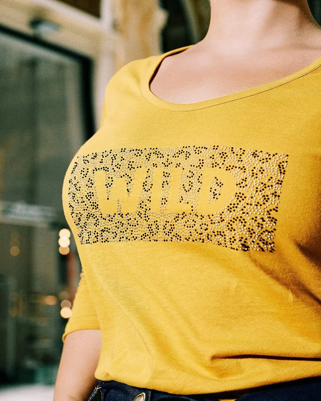 T-shirt jersey cotone animalier con strass SENAPE
