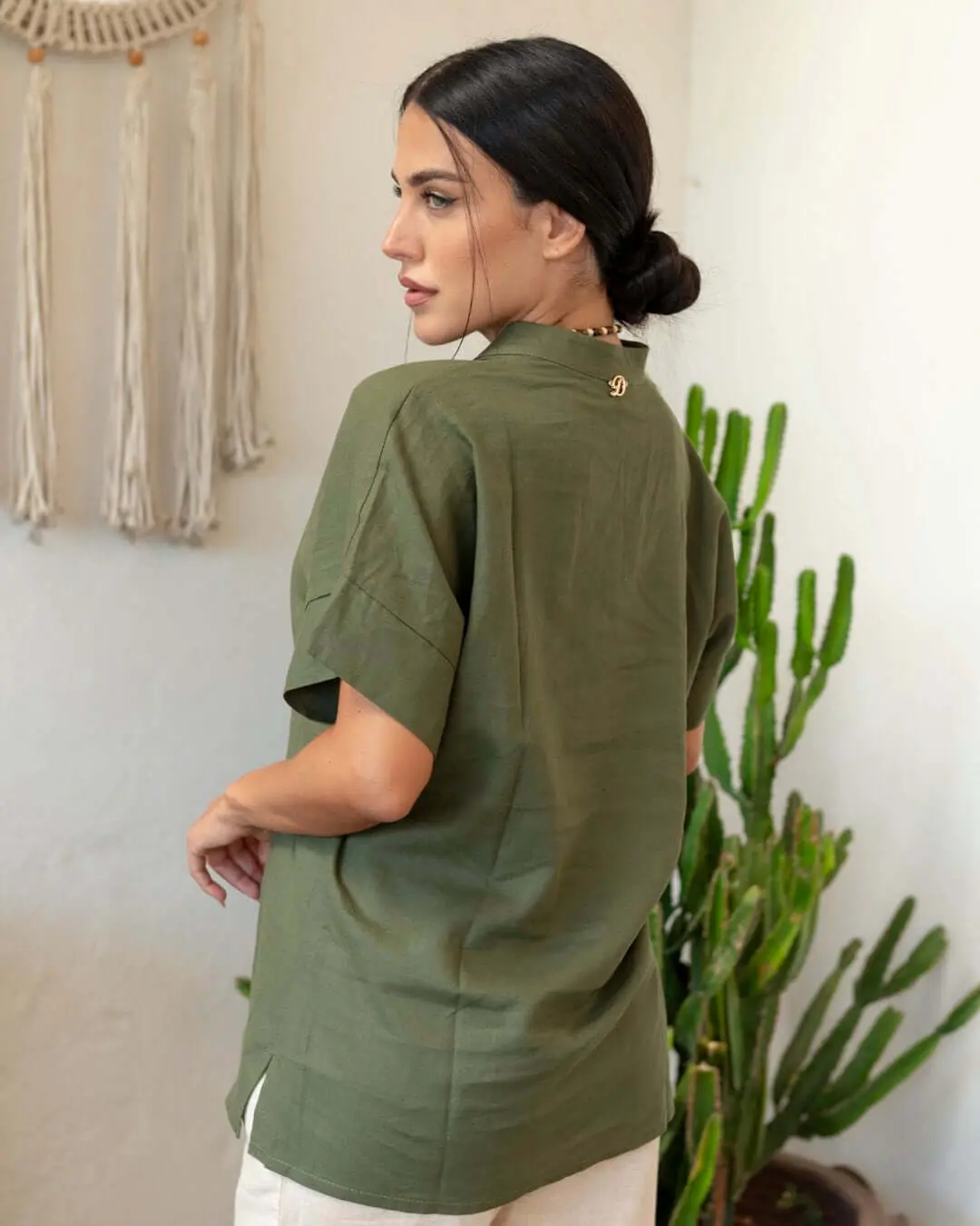Casacca coreana manica con risvolto in lino MILITARE - Image 2