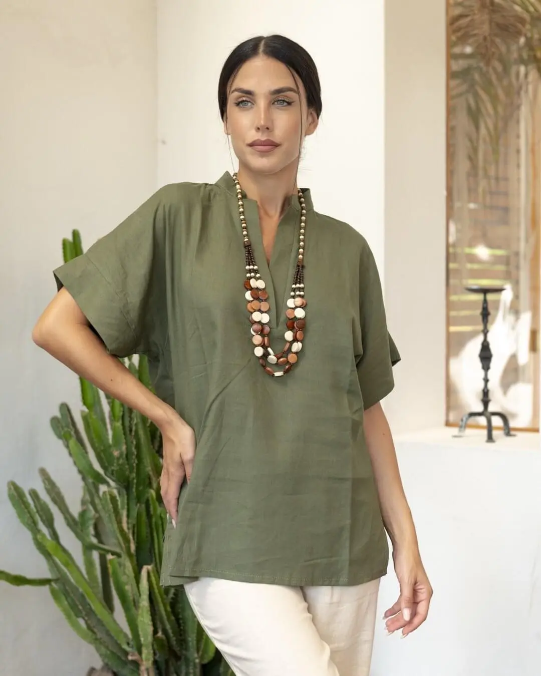 Casacca coreana manica con risvolto in lino MILITARE - Image 3
