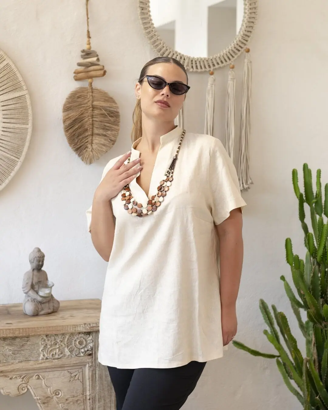 Blusa in lino con scollo a V NATURALE - Image 3