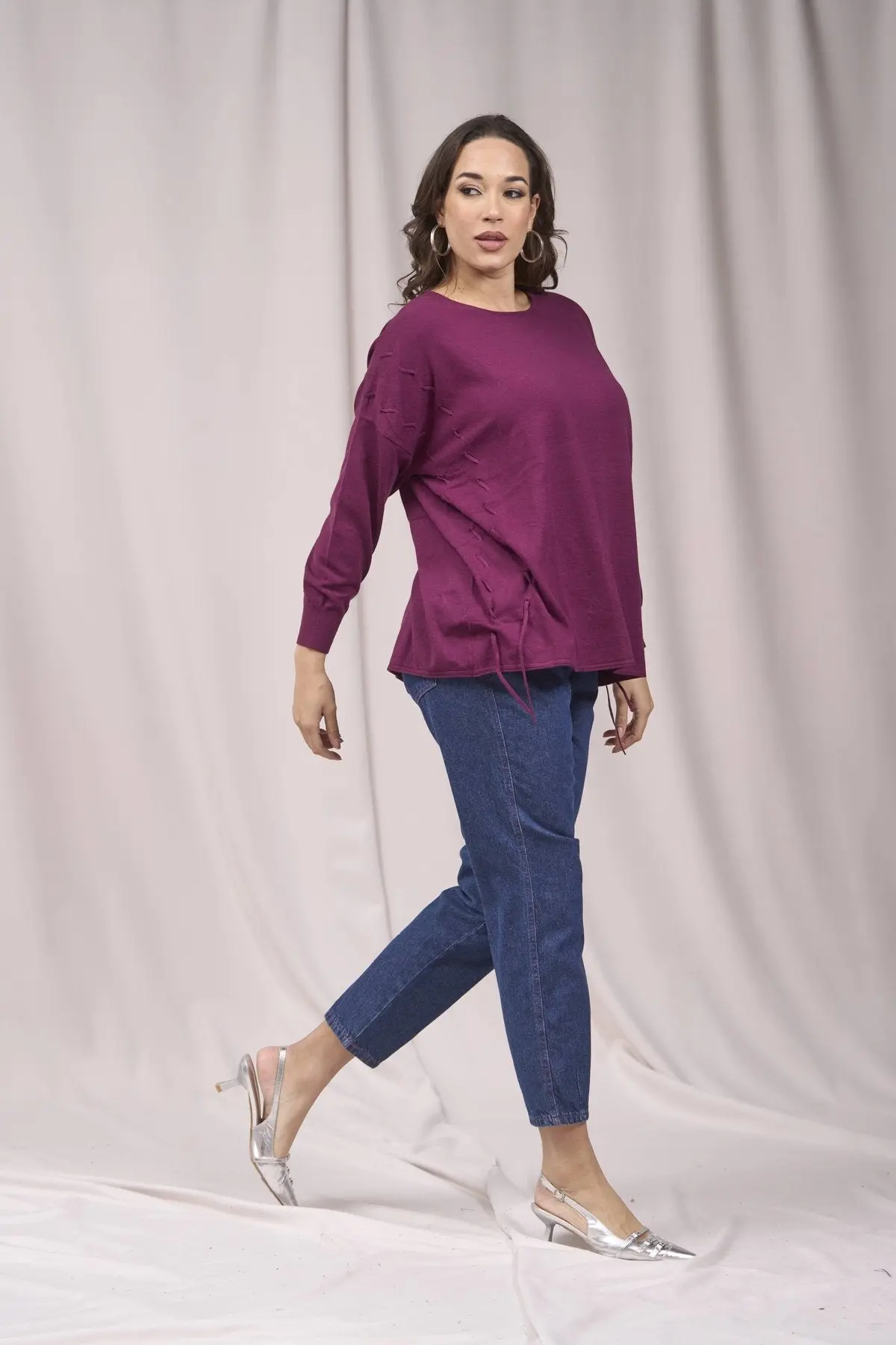 Maglia girocollo con intrecci frontali VINO - Image 4