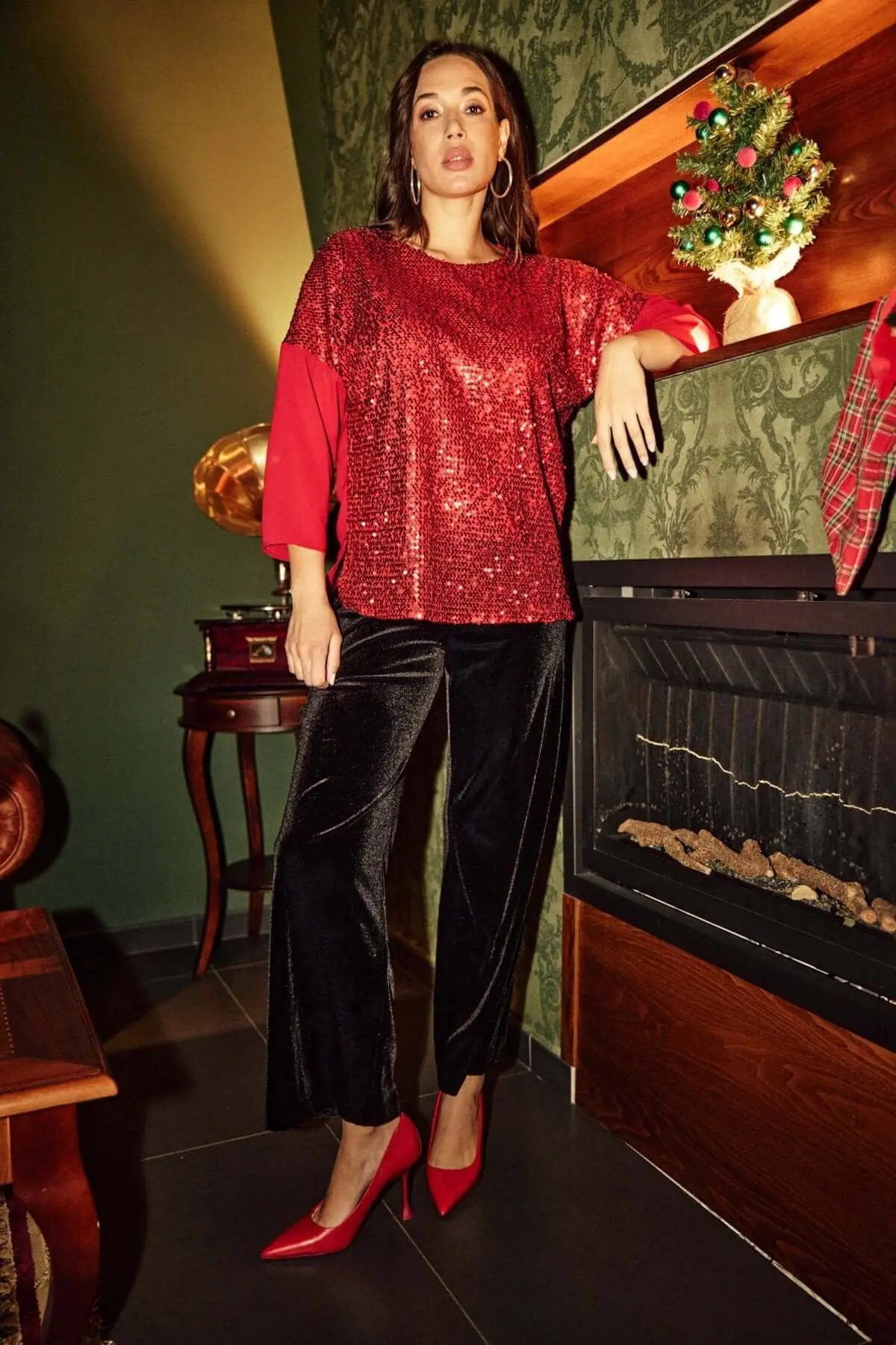 Blusa in georgette e paillettes ROSSO - Image 5