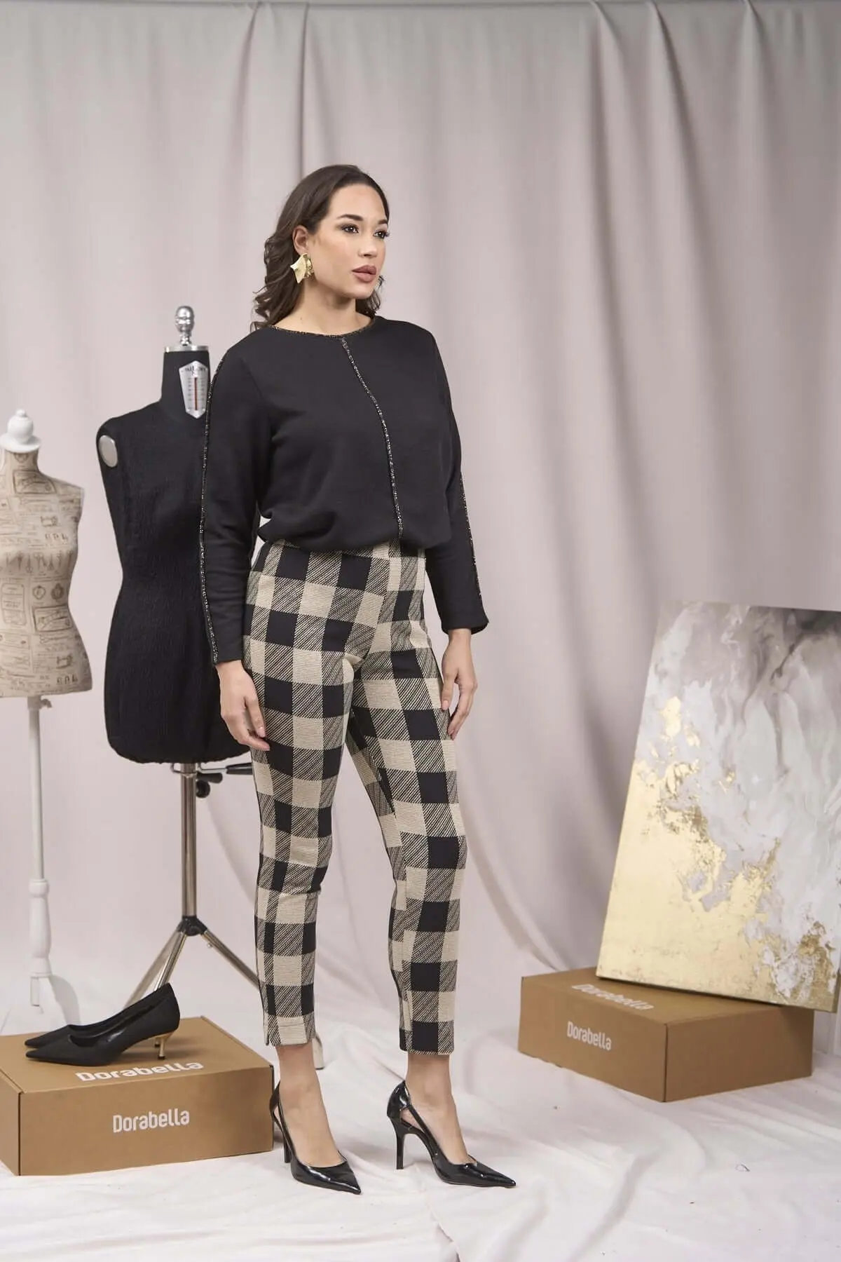Pantaloni slim fit fantasia con spacchetti BEIGE - Image 3